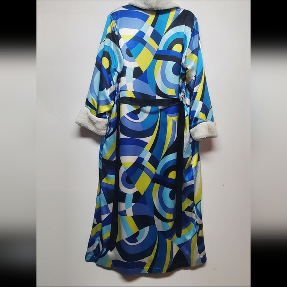 RARE Vtg Victoria's Secret Satin Robe XS Funky Geometric Dopamine Fleece Lined - Picture 16 of 16